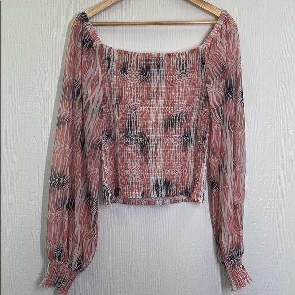 Anthropologie - Rouen Coral Watercolor Abstract Smocked Square Neck Blouse Med - Picture 11 of 11